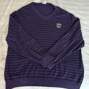 Lacoste Mens Purple Black Striped Long Sleeve V Neck Logo Pullover Sweater 8 3XL